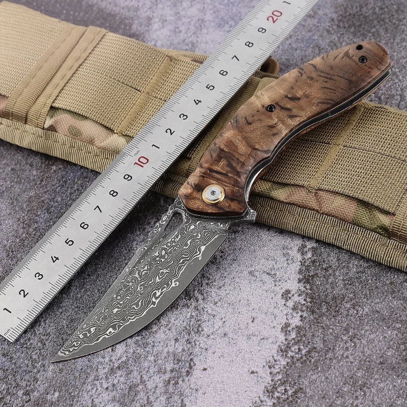 Damascus Knife - Tomahawk Damascus Pocket Knife with Clip and Exotic Olive Wood Handle - Shokunin USA