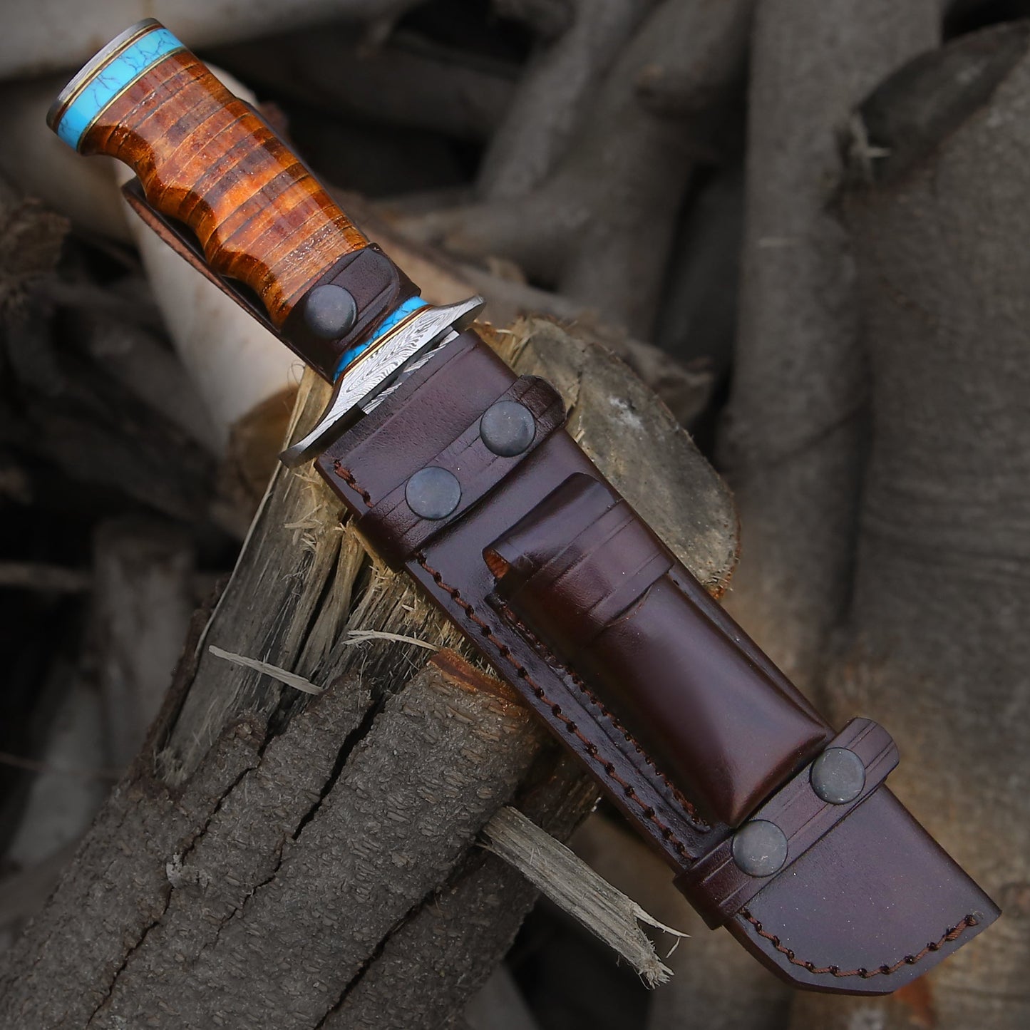 Hunting Knife - Envoy Damascus Hunting Knife with Stacked Leather Handle - Shokunin USA