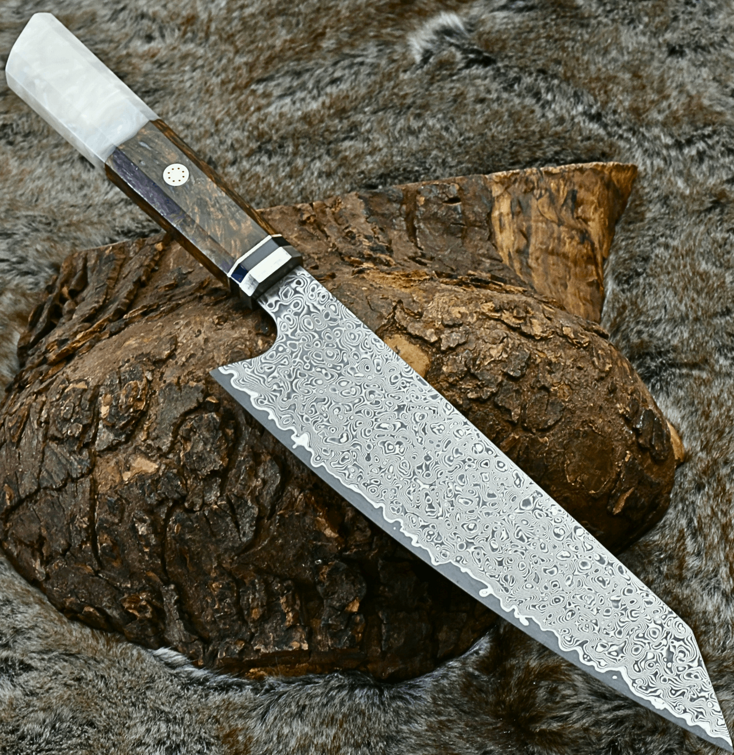 Chef Knife - Aurora Japanese Chef Knife with Exotic Olive Burl Wood & Mother of Pearl Handle - Shokunin USA