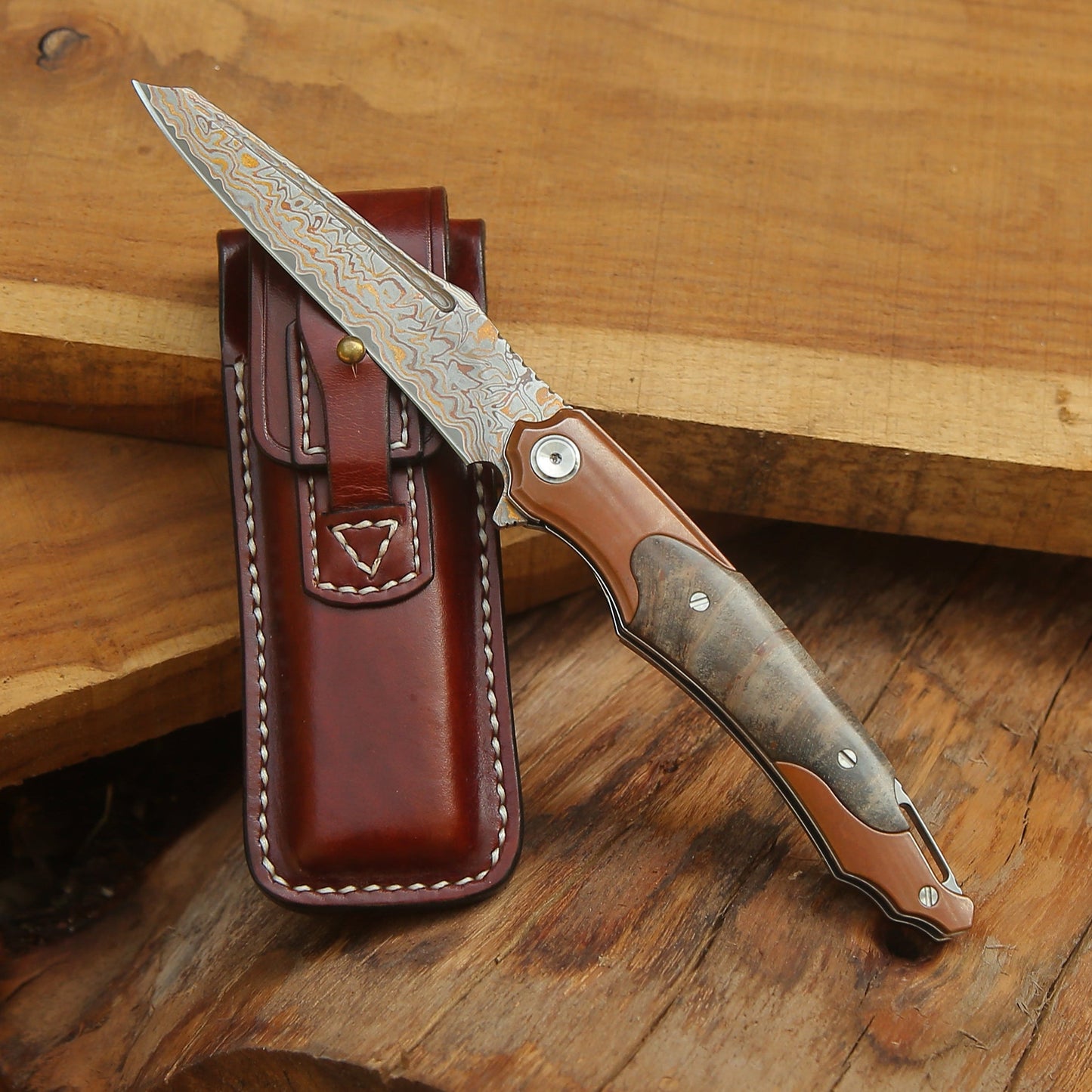 Pocket knife - Elite Handmade Japanese VG-10 Copper Damascus Pocket Knife with Stained Maple Burl Handle & Sheath - Shokunin USA