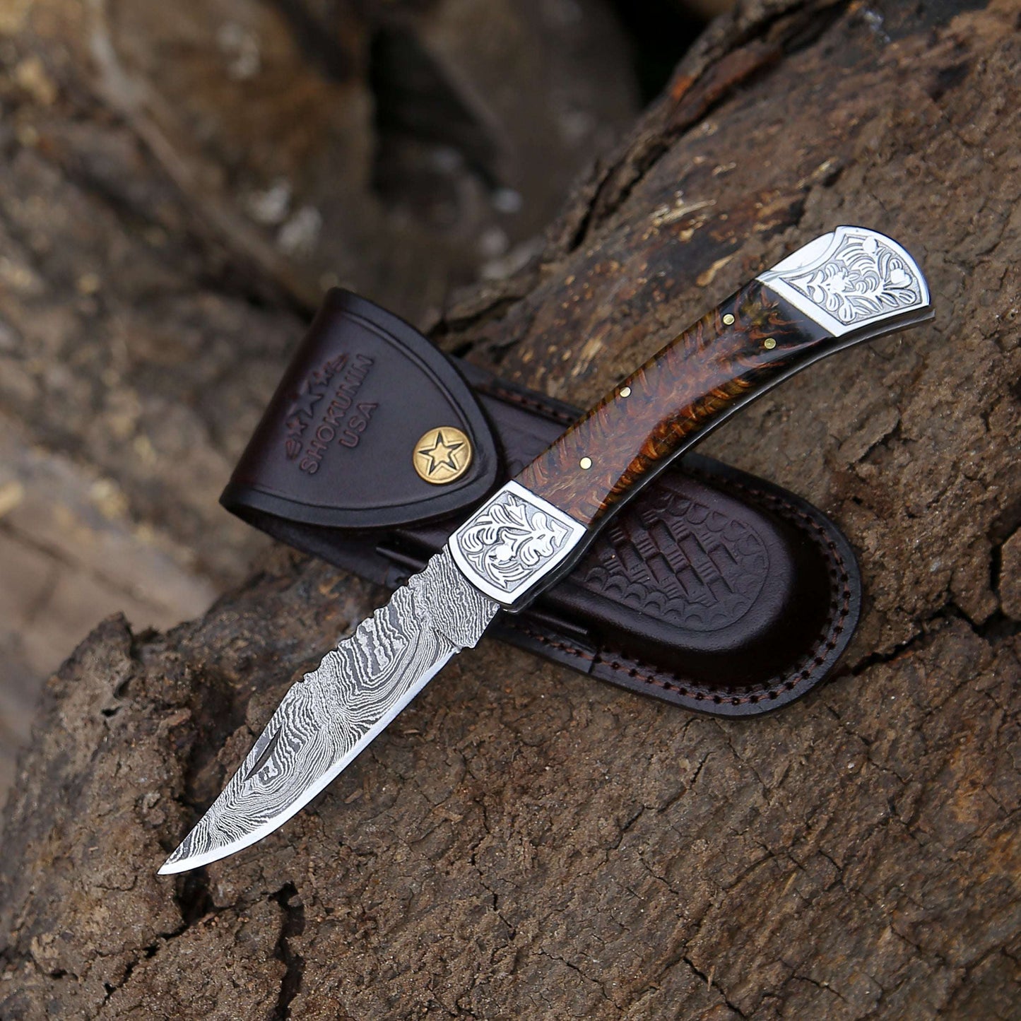 Custom Folding Knives - Striker Custom Pocket Knife with Pine Cone Handle - Shokunin USA