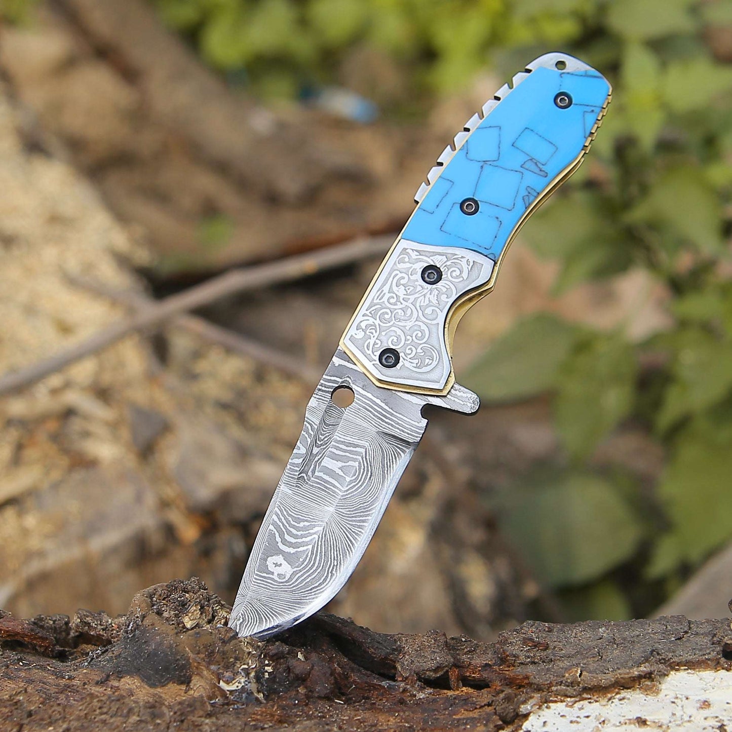 Damascus Folding Knife - Reckoner Damascus Folding Knife with Turquoise Resin Handle - Shokunin USA