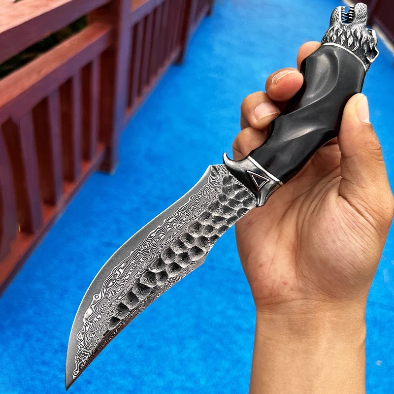 Damascus Knife - Wolf Japanese Hunting Knife VG-10 Damascus Steel & Exotic Ebony Handle - Shokunin USA