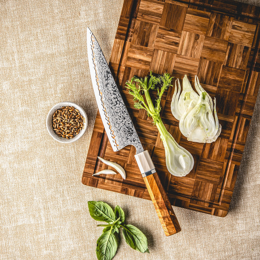 Chef knife - Raiden Handmade Japanese Chef Knife - 8.0" VG10, 1095 & Copper Damascus Steel Blade, Exotic Rosewood Burl Composite Handle - Shokunin USA