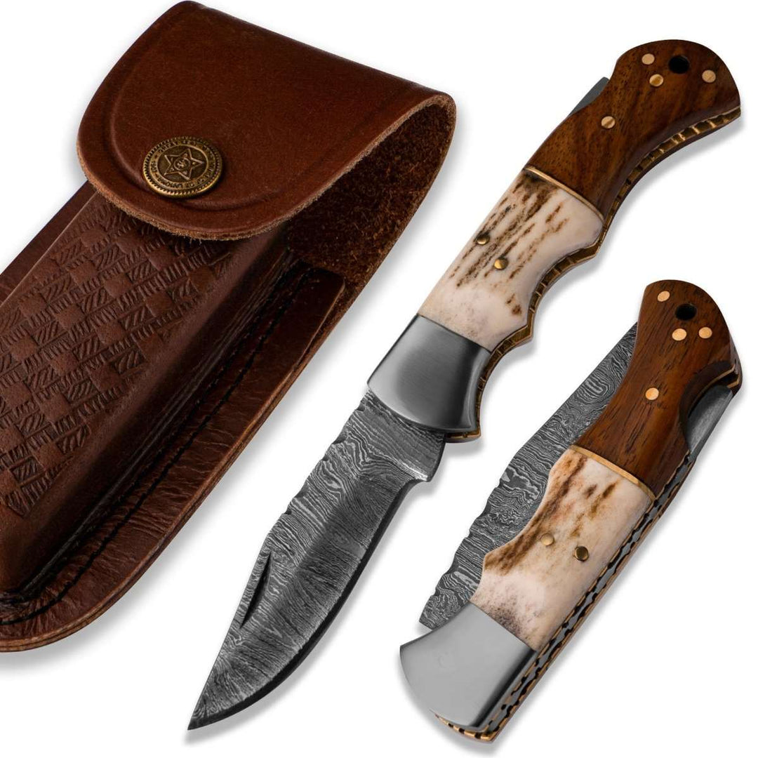 Antler Handle Knives – Echo Damascus Pocket Knife with Stag Horn/Antler & Rosewood Handle – Shokunin USA