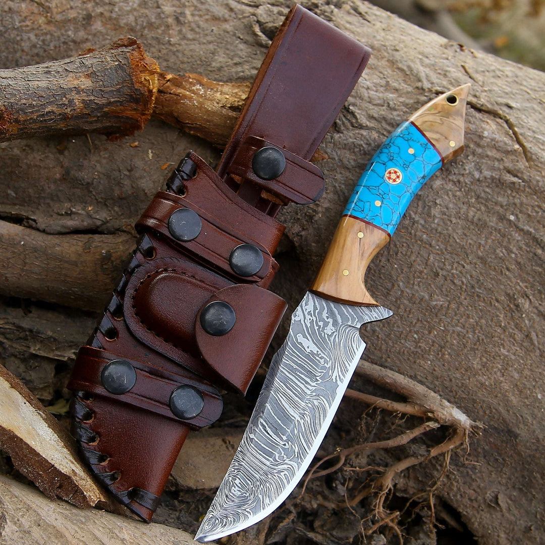 Damascus Knife - Flo Damascus Hunting Knife with Exotic Olive Wood & Turquoise Handle - Shokunin USA