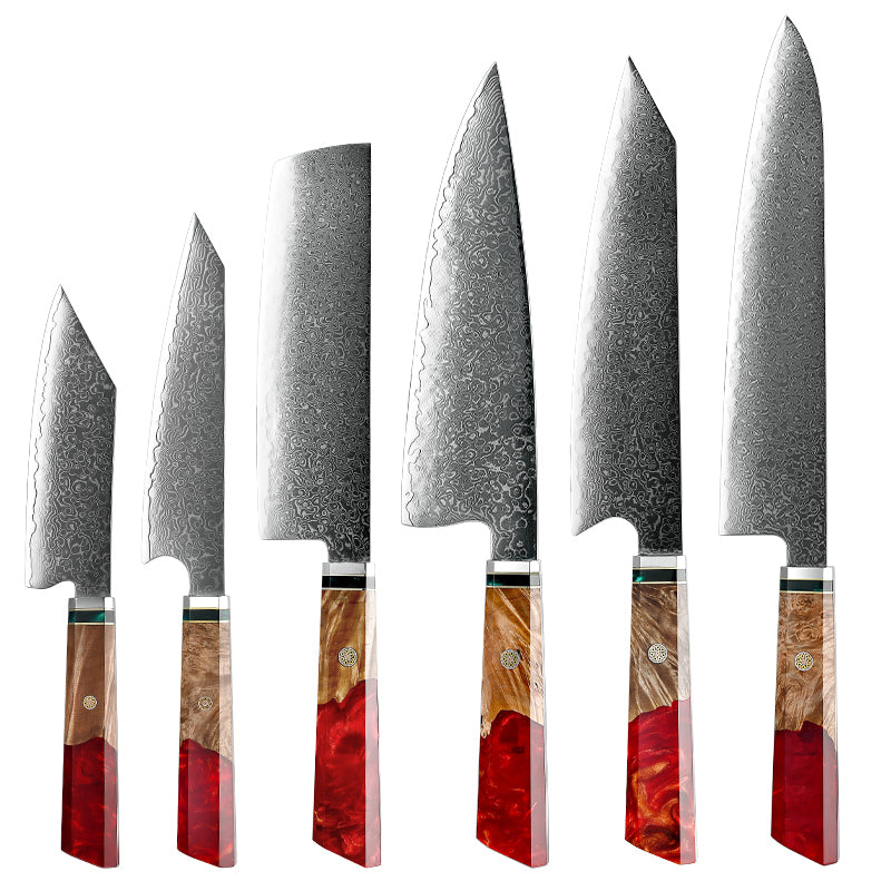 chef knife set - Fury Knife Set 6 Piece VG10 Damascus Steel with Exotic Maple Burl Wood &amp; Resin Handle - Shokunin USA
