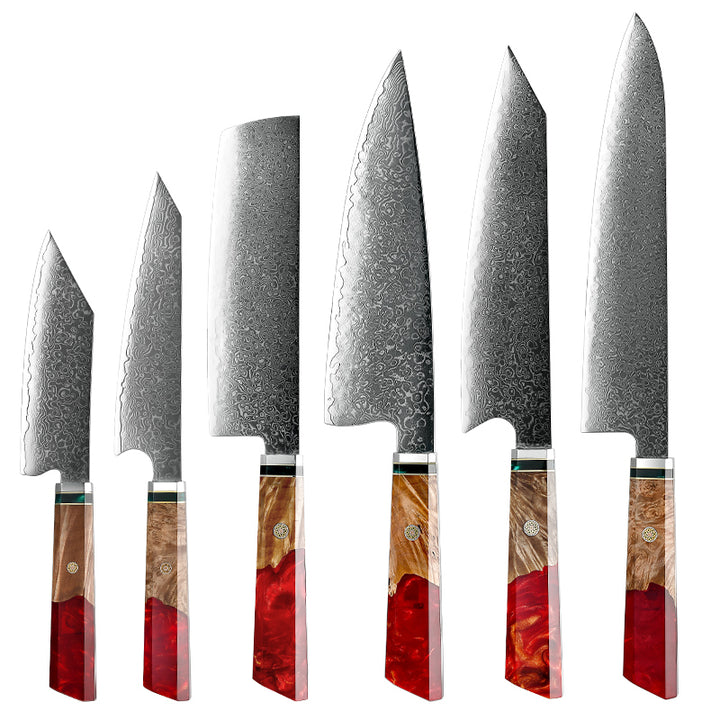 chef knife set - Fury Knife Set 6 Piece VG10 Damascus Steel with Exotic Maple Burl Wood &amp; Resin Handle - Shokunin USA