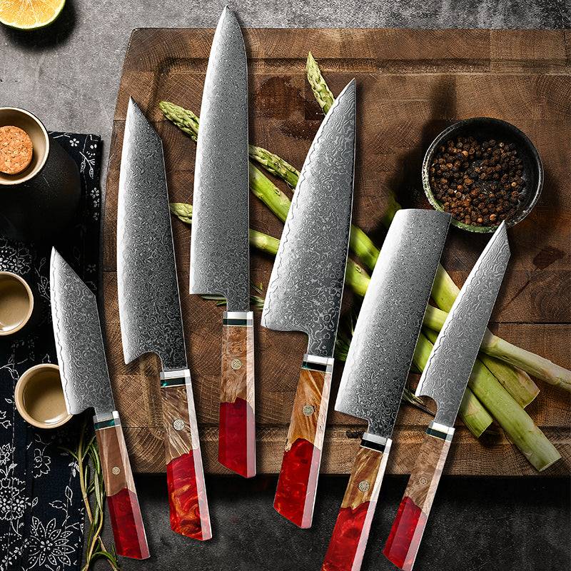 chef knife set - Fury Knife Set 6 Piece VG10 Damascus Steel with Exotic Maple Burl Wood &amp; Resin Handle - Shokunin USA