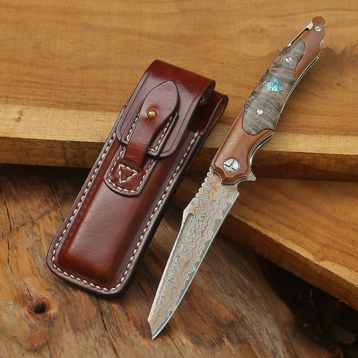 Pocket knife - Elite Handmade Japanese VG-10 Copper Damascus Pocket Knife with Stained Maple Burl Handle &amp; Sheath - Shokunin USA