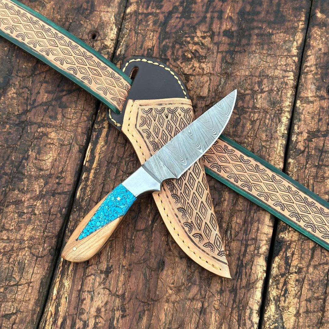 Fixed blade knife. - Canyon Damascus Skinner Knife with Hand tooled Sheath &amp; Belt - Shokunin USA
