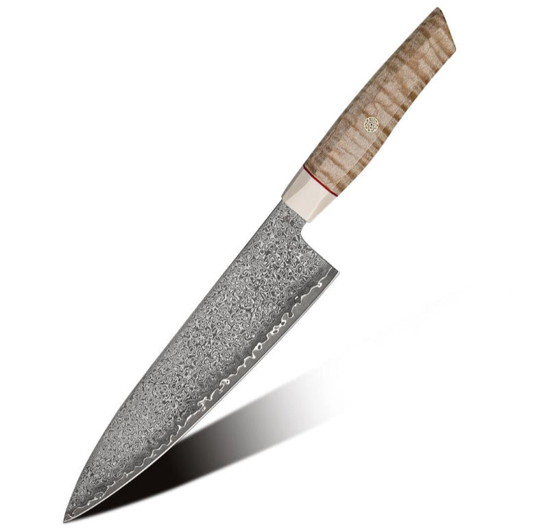 Chef knife - Luxe Japanese Damascus Chef Knife with Exotic Curly Maple Burl Wood Handle - Shokunin USA