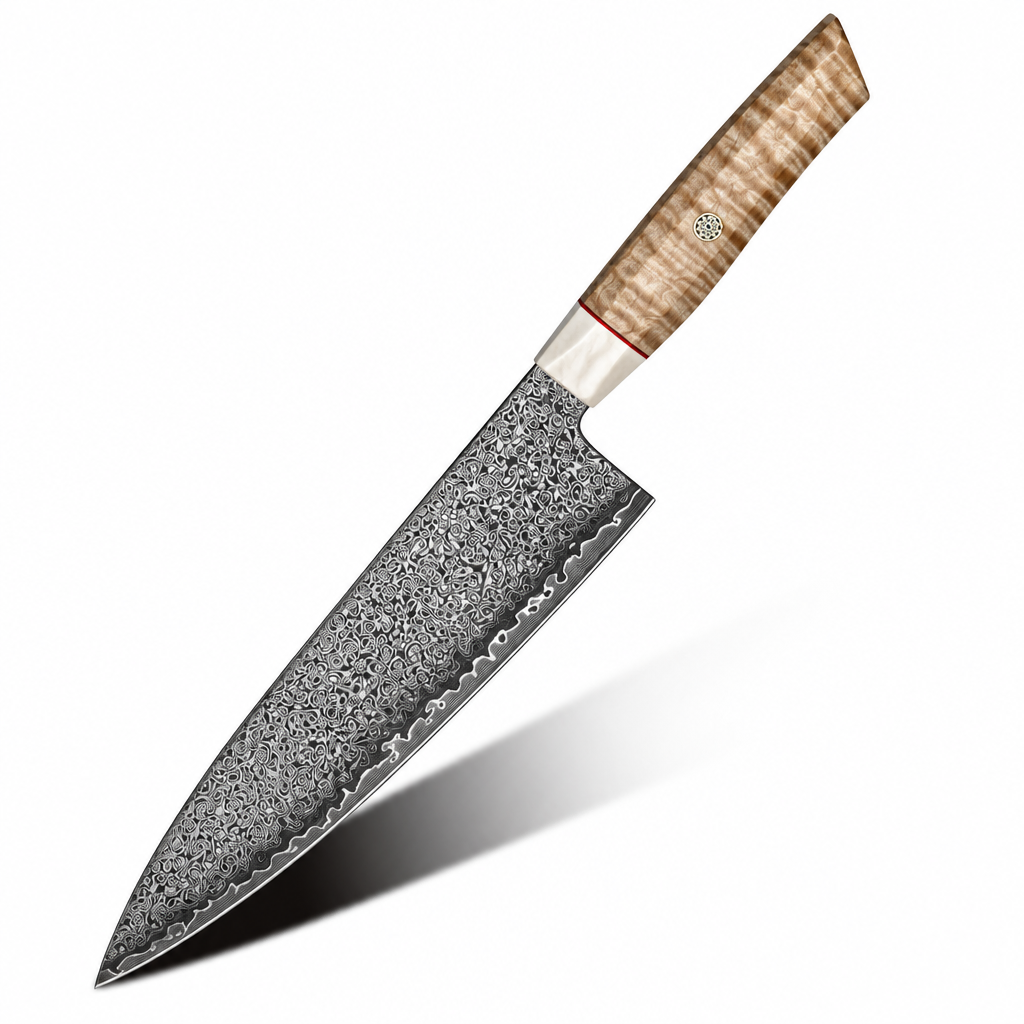 chef knife - Luxe Japanese Damascus Chef Knife with Exotic Curly Maple Burl Wood Handle - Shokunin USA