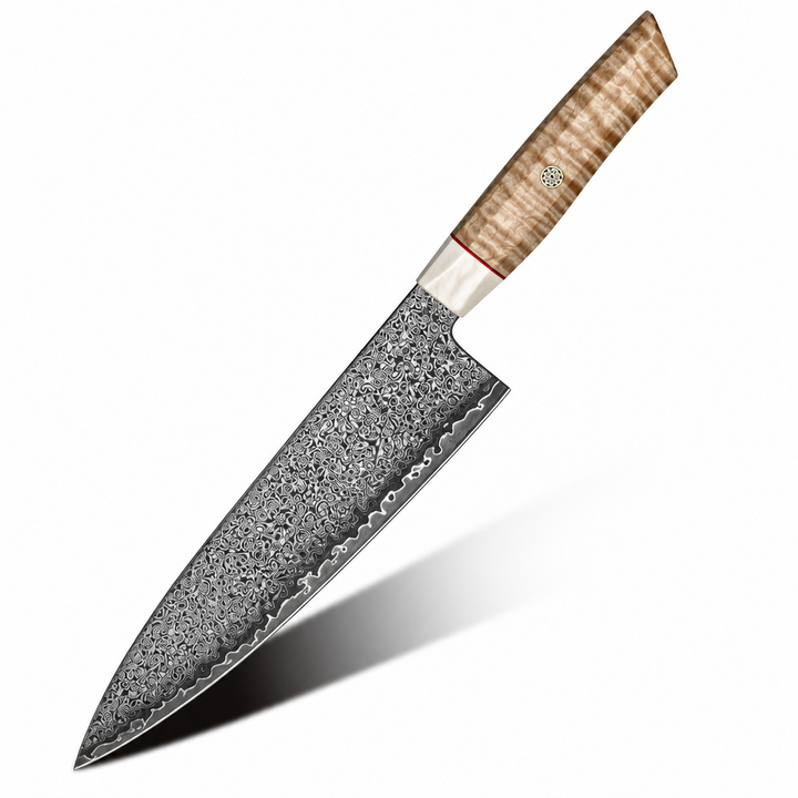 chef knife - Luxe Japanese Damascus Chef Knife with Exotic Curly Maple Burl Wood Handle - Shokunin USA