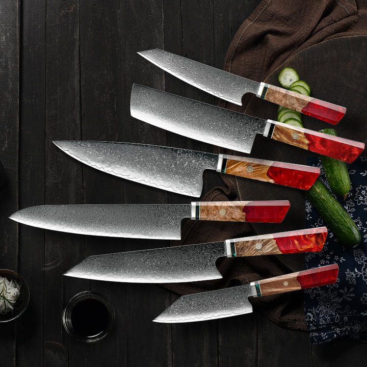 chef knife set - Fury Knife Set 6 Piece VG10 Damascus Steel with Exotic Maple Burl Wood &amp; Resin Handle - Shokunin USA