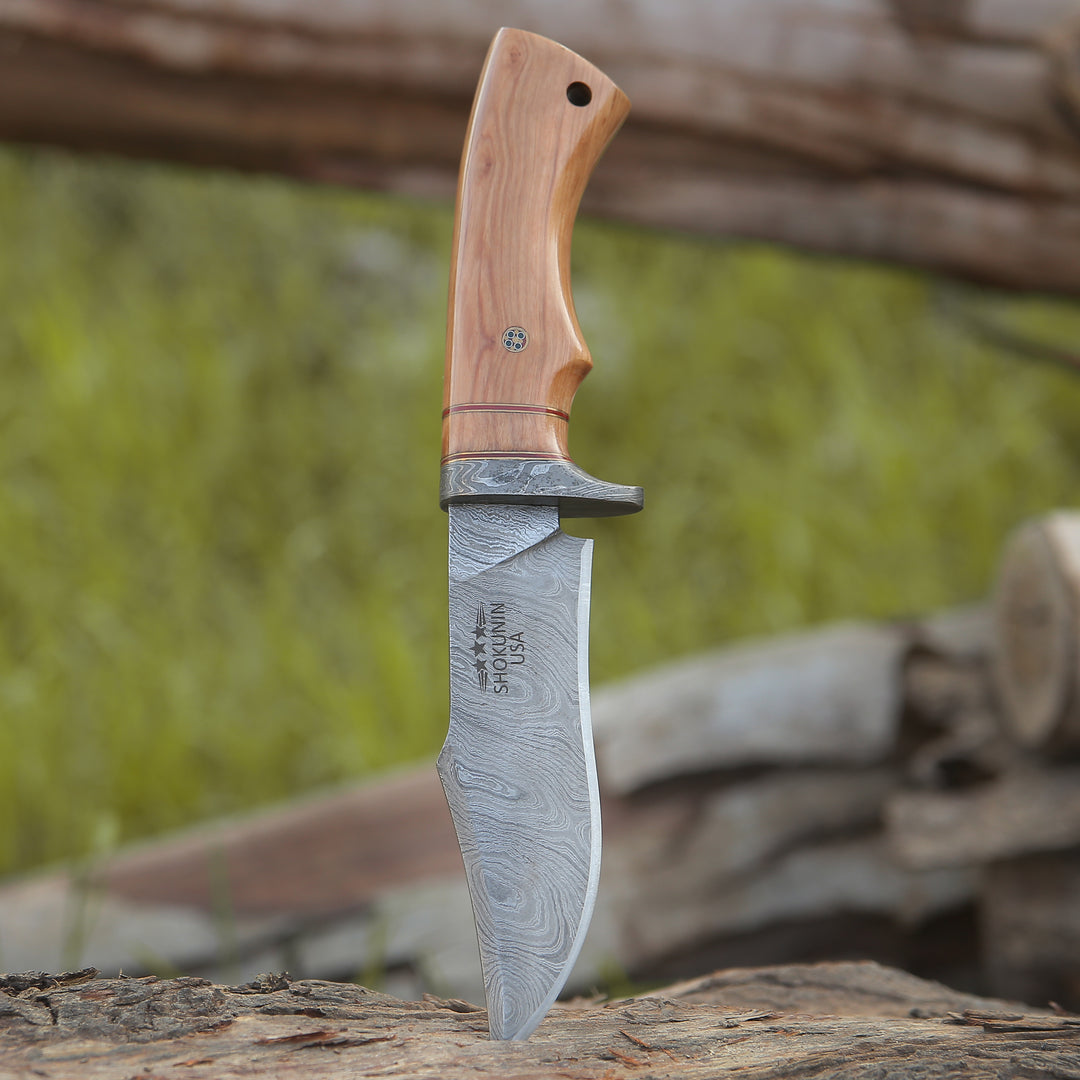 Avatar Damascus Hunting Knife with Exotic Olive Wood Handle - Shokunin USA