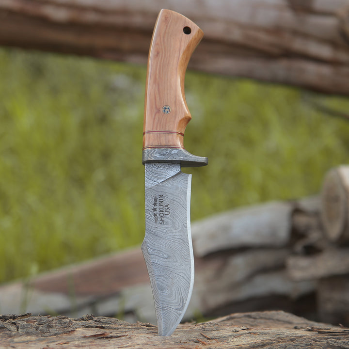 Avatar Damascus Hunting Knife with Exotic Olive Wood Handle - Shokunin USA