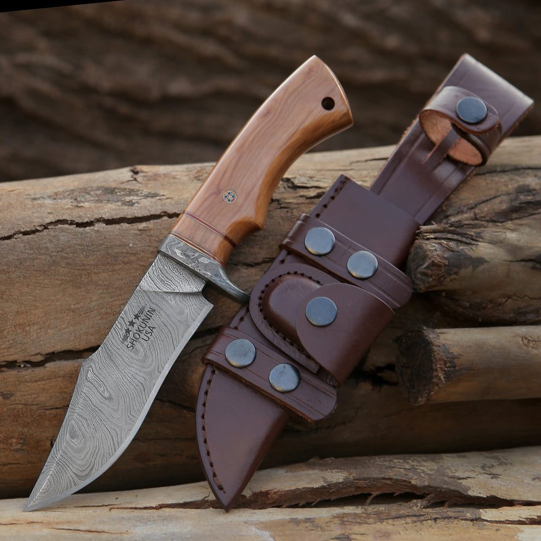 Avatar Damascus Hunting Knife with Exotic Olive Wood Handle - Shokunin USA