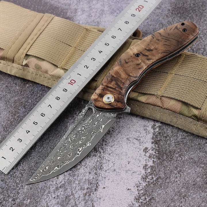 Damascus Knife - Tomahawk Damascus Pocket Knife with Clip and Exotic Olive Wood Handle - Shokunin USA