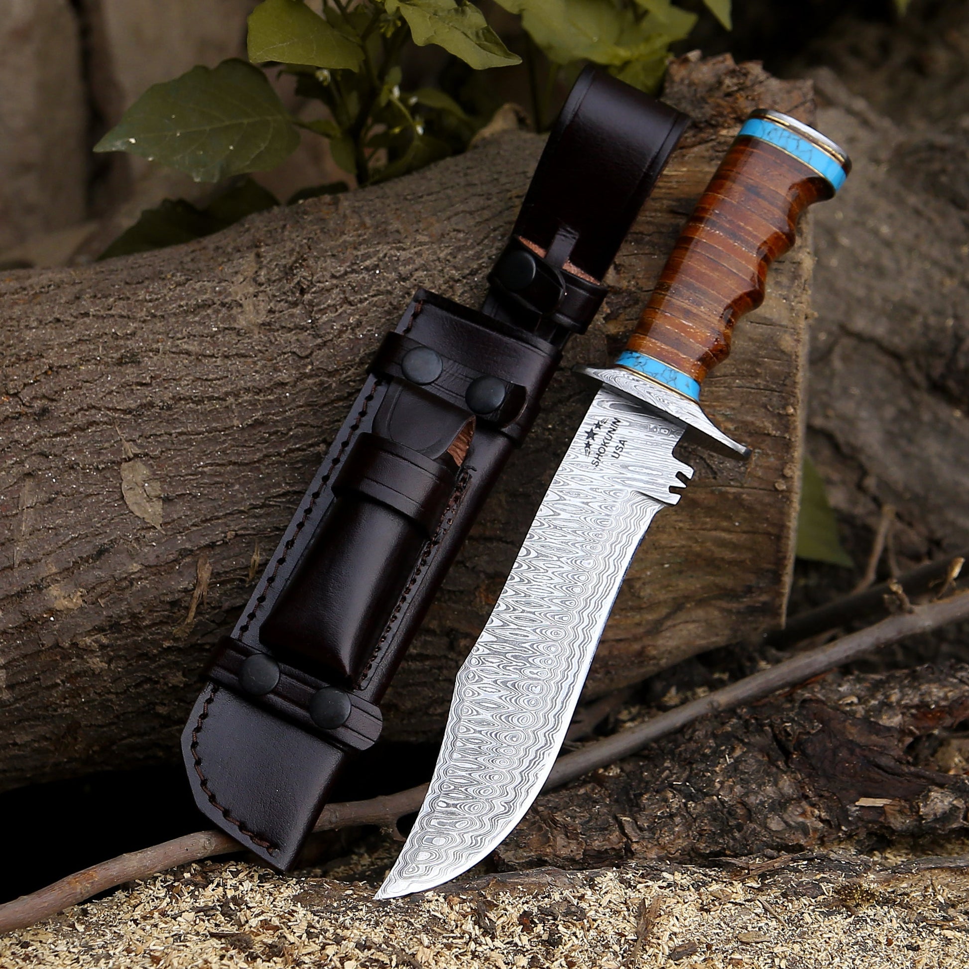 Hunting Knife - Envoy Damascus Hunting Knife with Stacked Leather Handle - Shokunin USA