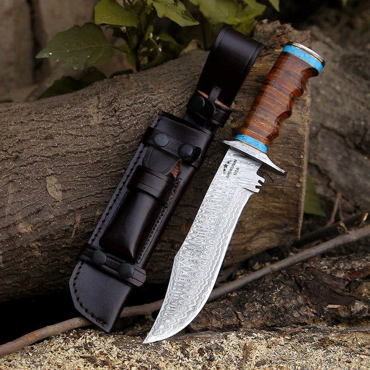 Envoy Damascus Hunting Knife with Stacked Leather Handle - Shokunin USA