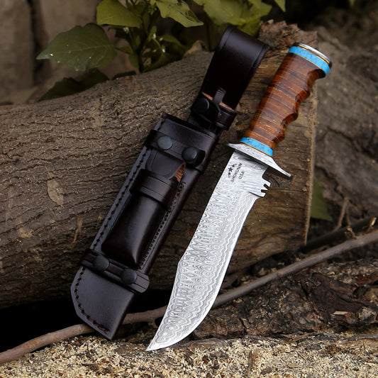 Hunting Knife - Envoy Damascus Hunting Knife with Stacked Leather Handle - Shokunin USA