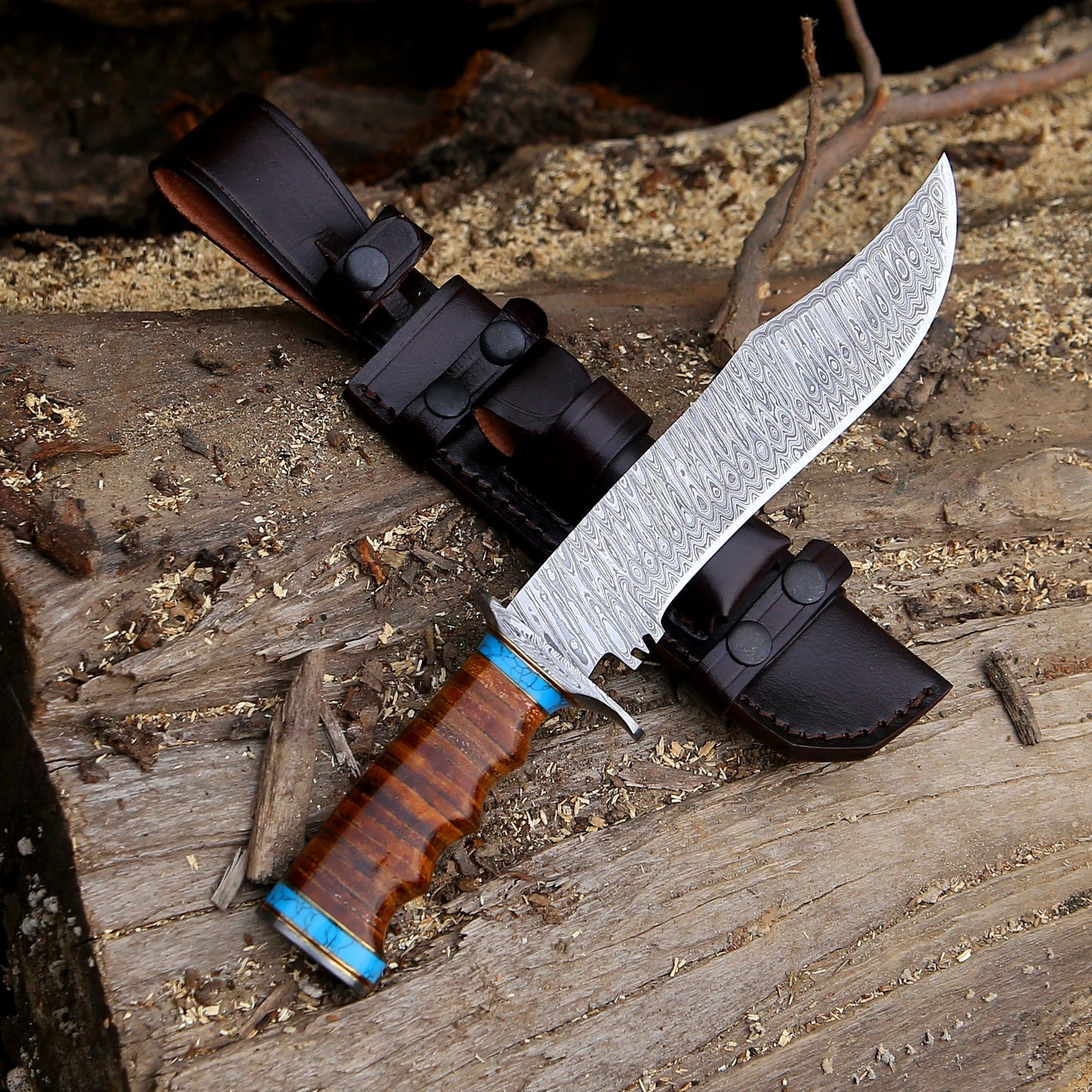 Hunting Knife - Envoy Damascus Hunting Knife with Stacked Leather Handle - Shokunin USA