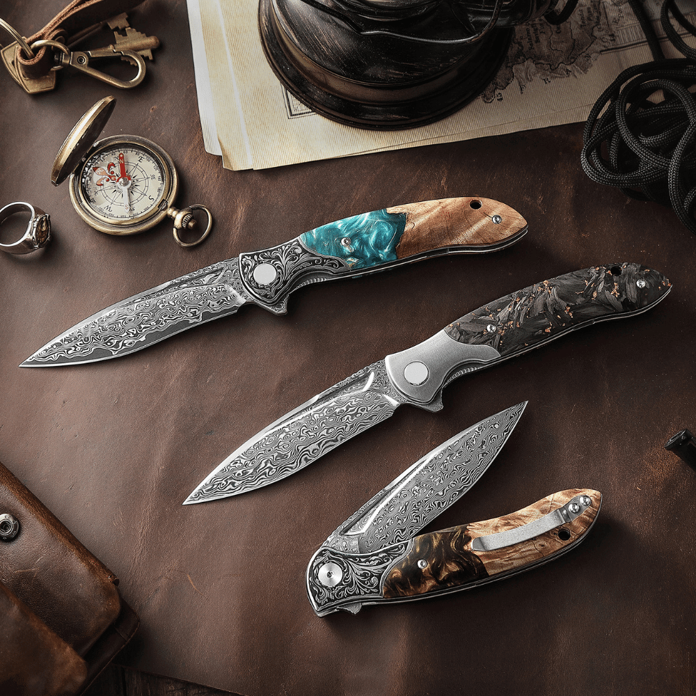 Pocket Knife - Demeter VG10 Damascus Pocket Knife with Exotic Olive Burl &amp; Resin Handle - Shokunin USA