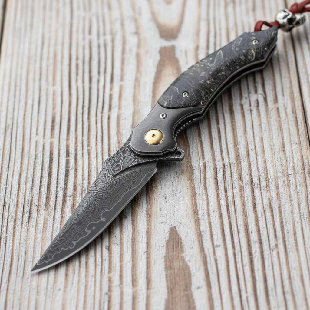 Pocket Knife - Venom Japanese Damascus Pocket Knife with Stained Maple Burl Wood Handle - Shokunin USA