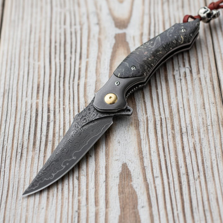 Pocket Knife - Venom Japanese Damascus Pocket Knife with Stained Maple Burl Wood Handle - Shokunin USA