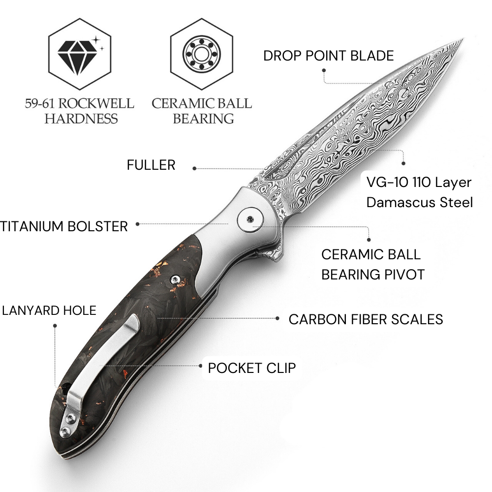 Damascus Pocket Knife - Raven VG10 Ultralight Folding Pocket Knife with Titanium &amp; Carbon Fiber Handle - Shokunin USA