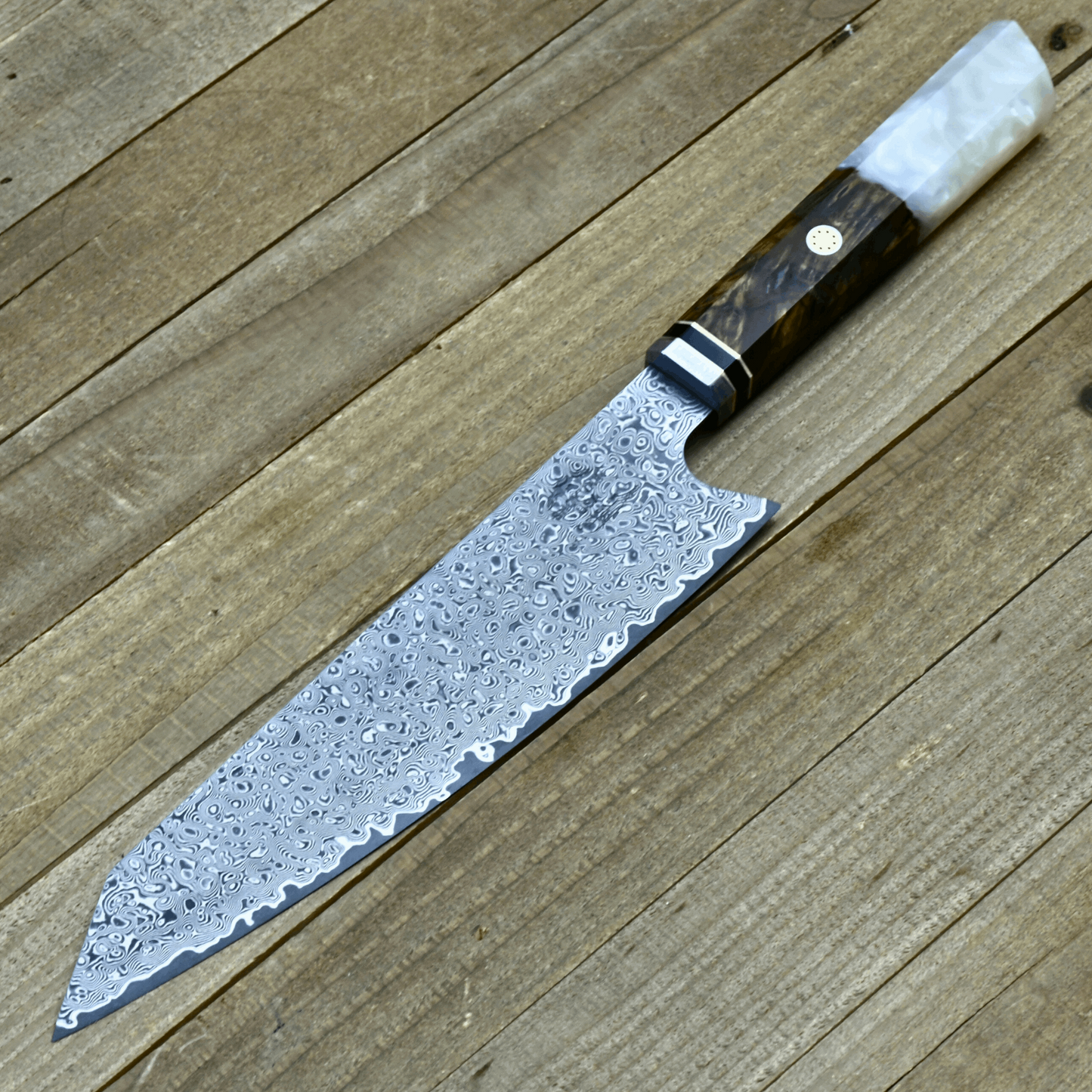 Chef Knife - Aurora Japanese Chef Knife with Exotic Olive Burl Wood & Mother of Pearl Handle - Shokunin USA