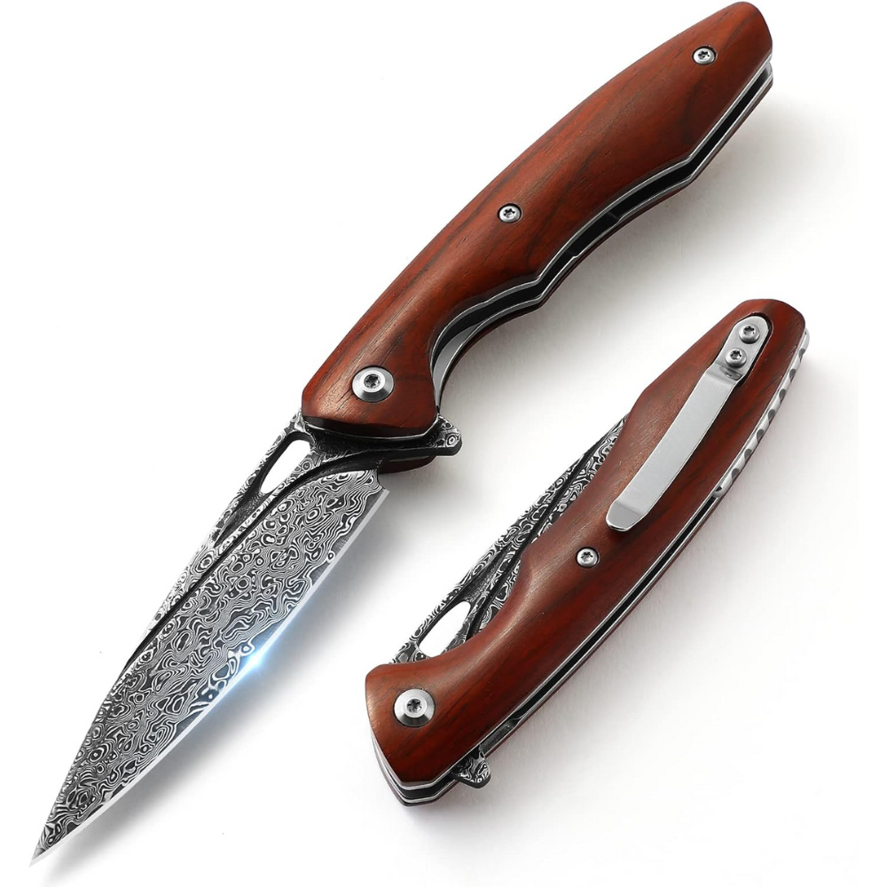 Damascus Knife - Quicksilver Handmade Japanese Damascus Pocket Knife with Exotic Red Sandalwood Handle - Shokunin USA