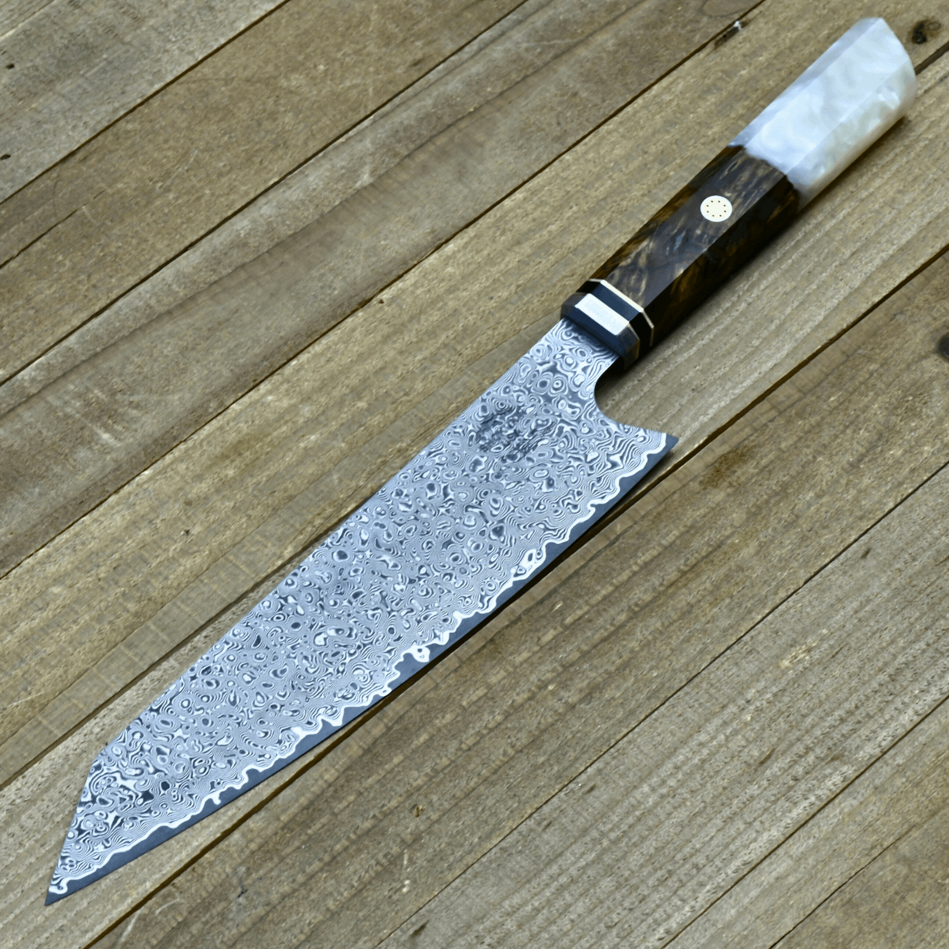 Chef Knife - Aurora Japanese Chef Knife with Exotic Olive Burl Wood & Mother of Pearl Handle - Shokunin USA
