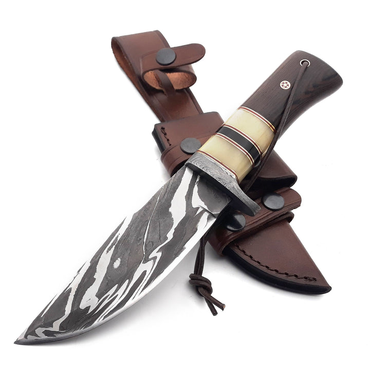 Nova Damascus Hunting Knife with Bone &amp; Exotic Wenge Wood Handle - Shokunin USA