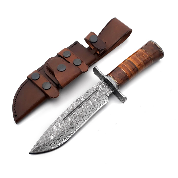 Rambo Bowie Knife with Exotic Rosewood &amp; Stacked Leather Handle - Shokunin USA