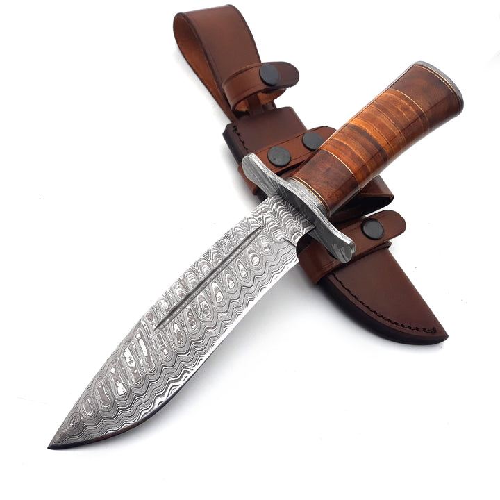 Rambo Bowie Knife with Exotic Rosewood &amp; Stacked Leather Handle - Shokunin USA