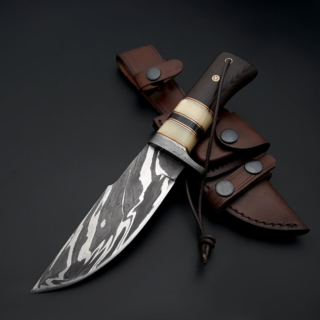 Nova Damascus Hunting Knife with Bone &amp; Exotic Wenge Wood Handle - Shokunin USA