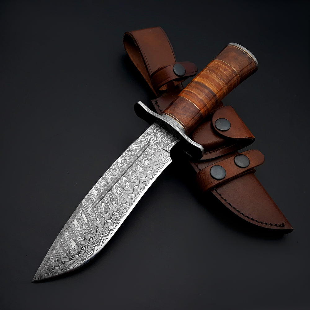 Rambo Bowie Knife with Exotic Rosewood & Stacked Leather Handle - Shokunin USA