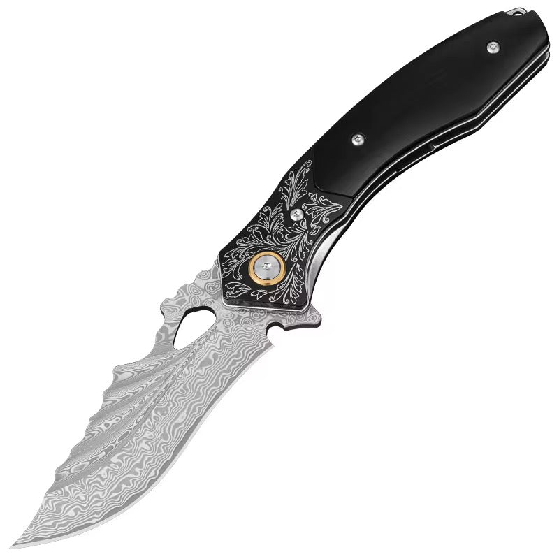 Damascus Knife - Specter Handmade Japanese VG10 Damascus Pocket Knife with Sheath &amp; Ebony Wood Handle - Shokunin USA