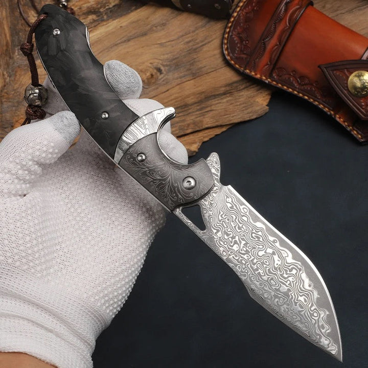 EDC knives for Father’s Day gifts - Hermes Damascus Steel Folding Pocket Knife with Carbon Fiber Handle - Shokunin USA