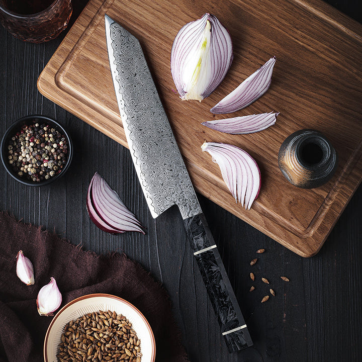 Chef knife - Cobalt Premium Japanese Chef Knife 8" VG-10 Damascus Steel with Carbon Fiber Handle &amp; Leather Sheath - Shokunin USA