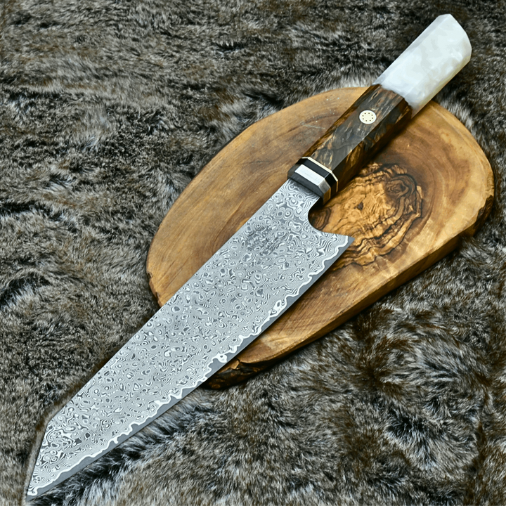 Chef Knife - Aurora Japanese Chef Knife with Exotic Olive Burl Wood &amp; Mother of Pearl Handle - Shokunin USA