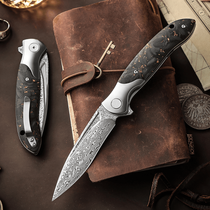 Damascus Pocket Knife - Raven VG10 Ultralight Folding Pocket Knife with Titanium &amp; Carbon Fiber Handle - Shokunin USA