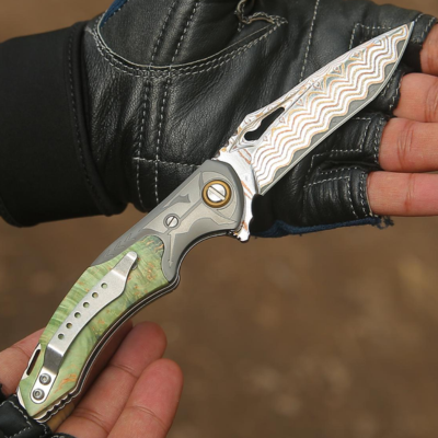 Pocket Knives - Kage Gentleman's Japanese Copper Damascus Pocket Knife with Maple Burl Wood Handle and Sheath - Shokunin USA