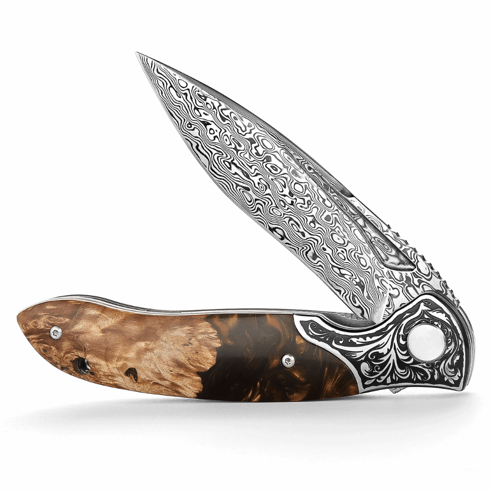 Pocket Knife - Demeter VG10 Damascus Pocket Knife with Exotic Olive Burl &amp; Resin Handle - Shokunin USA