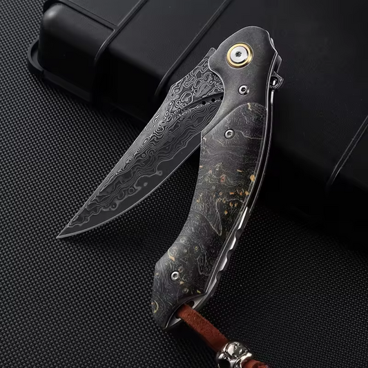 Pocket Knife - Venom Japanese Damascus Pocket Knife with Stained Maple Burl Wood Handle - Shokunin USA