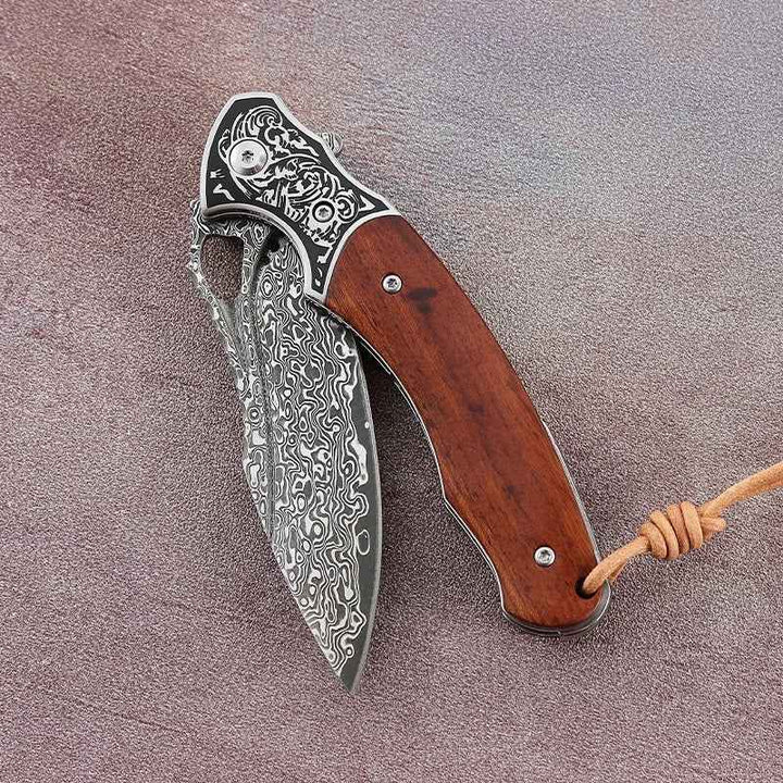 damascus folding pocket knife with sandal wood handle - Meteor Engraved Damascus Steel Pocket Knife - Shokunin USA