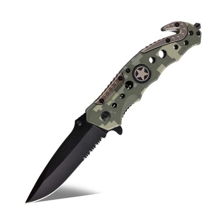 Pocket Knife - Star Pocket Knife with Serrated Blade &amp; Camouflage Handle - Shokunin USA