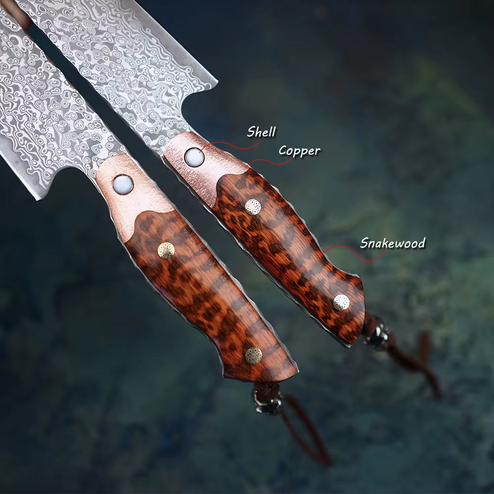 Chef knife - Emerald Japanese Damascus Chef knife with Exotic Snake Wood &amp; Copper Handle - Shokunin USA